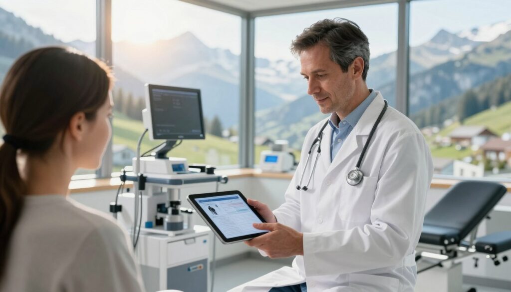 A Swiss doctor in a modern clinic, dressed in a crisp white lab coat with a stethoscope around their neck, examining a patient's medical records on a sleek digital tablet. The foreground features the doctor, confident and detail-oriented, engaged in their work. In the middle ground, stylish medical equipment and a comfortable examination bed are visible, hinting at the high standards of Swiss healthcare. The background shows large windows revealing stunning views of the Swiss Alps, bathed in warm sunlight, creating an inviting and professional atmosphere. The lighting is bright and natural, enhancing the clean and sterile environment of the clinic. The overall mood is one of professionalism and care, reflecting the high-quality life and work conditions for medical professionals in Switzerland.