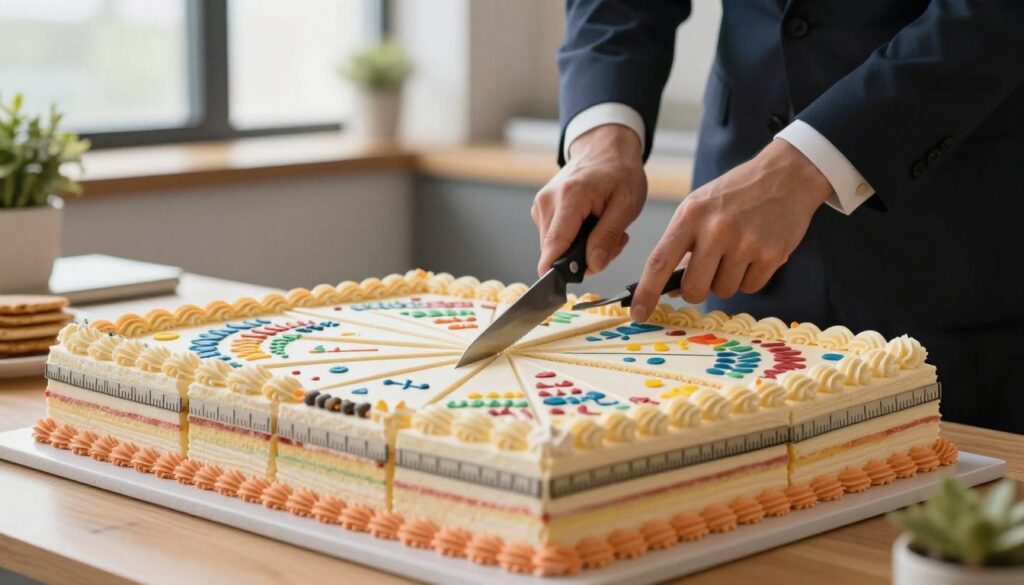 A beautifully arranged dessert table showcasing a mathematically precise slicing of a large, delicious cake. In the foreground, a perfectly layered cake, decorated with colorful frosting and intricate patterns, is elegantly sliced into equal portions, each piece outlined with a ruler-style marking. In the middle, a set of professional-looking hands, clad in neat business attire, holding a knife, deftly cuts the cake, demonstrating mathematical precision. The background features a soft-focus office environment, with subtle decorations and natural light filtering through a window, creating a warm and inviting atmosphere. The overall mood is both sophisticated and cheerful, perfect for a workplace celebration. The scene should emphasize symmetry and balance, symbolizing the mathematical approach to portioning desserts without any text or distractions.