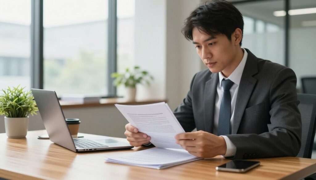 A business consultant examining documents in an office setting, showcasing the diligence of due diligence methodology. In the foreground, a confident professional in formal attire analyzes a stack of legal papers and reports, with a laptop open beside them. The middle ground features a wooden desk adorned with a green plant and a coffee cup, symbolizing a productive workspace. The background shows a modern office with tall windows, allowing natural light to flood the room, creating a warm and inviting atmosphere. Soft shadows and a slight lens blur add depth to the scene, conveying a sense of focus and seriousness. The overall mood is one of professionalism and careful consideration, embodying the essence of thorough business verification before partnership.