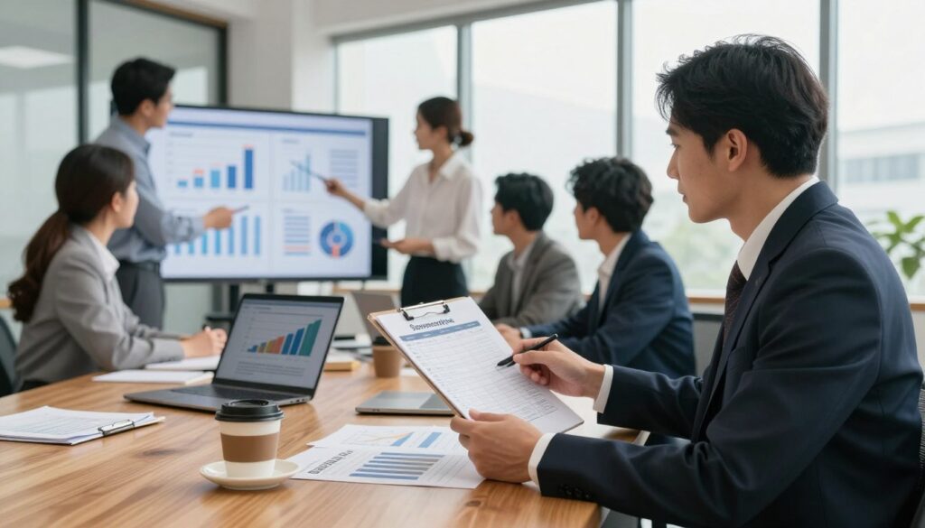 A business professional in formal attire examining a detailed sales preparation checklist on a wooden desk, with financial documents, a laptop displaying graphs, and a cup of coffee nearby. In the middle ground, a diverse team of professionals engaged in discussion, reviewing charts and figures on a large screen, indicating collaboration and strategy. In the background, a modern office with large windows, allowing natural light to flood the room, creating a bright and optimistic atmosphere. The composition conveys a sense of diligence and readiness, emphasizing the importance of thorough preparation before a business sale. Use soft, warm lighting to evoke a productive environment. The image should maintain a focus on professionalism, with clear business elements and no distractions or text.