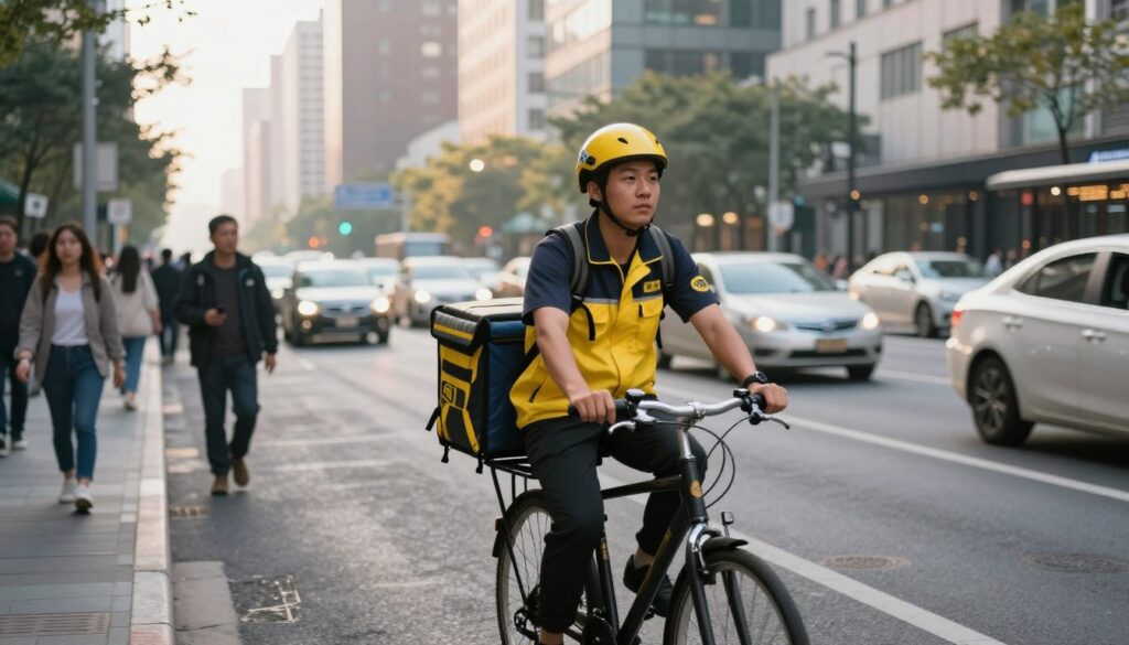 A busy city street in the foreground featuring a professional courier, wearing a branded uniform, navigating through traffic on a bicycle. The courier's focused expression reflects determination amidst the daily challenges of urban deliveries. In the middle ground, bustling pedestrians and cars highlight the fast-paced environment typical for couriers. The background showcases tall buildings with clear skies, suggesting a vibrant city life. Soft morning light casts gentle shadows, enhancing the atmosphere of early-day hustle. The scene captures the essence of daily challenges and the dynamic nature of courier work, emphasizing movement and urgency, while maintaining a brisk and engaging mood.