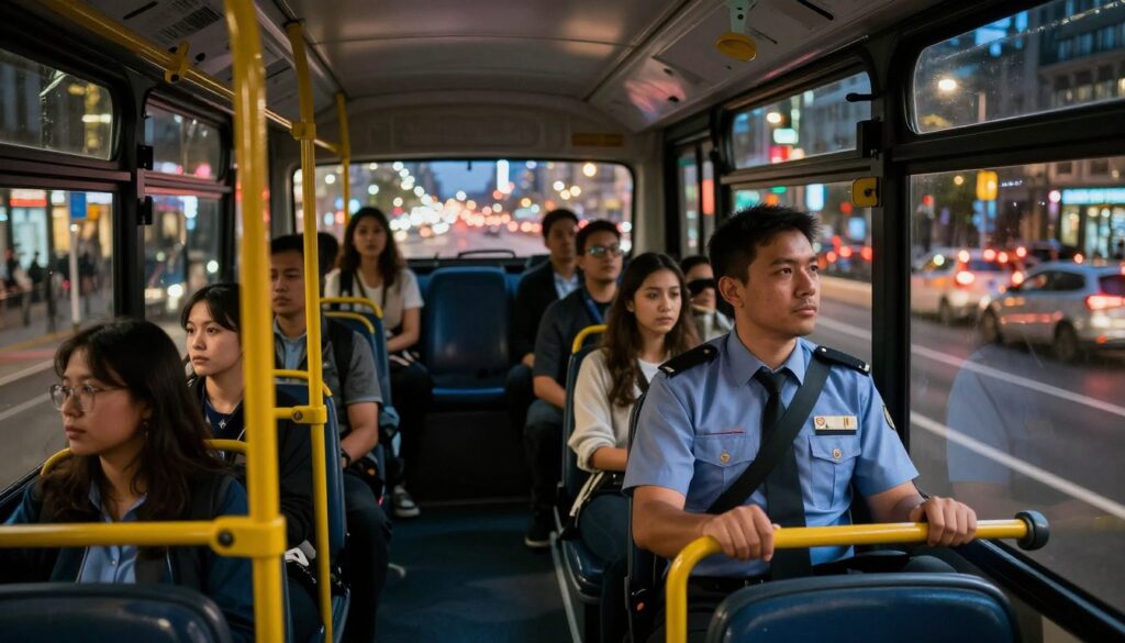A city bus driver in a vibrant urban landscape, capturing the essence of their work in a shift-based and nighttime environment. In the foreground, a bus driver, wearing a smart uniform, sits in a modern bus, focused and attentive, with city lights reflecting off the bus windows. In the middle ground, a diverse group of passengers, including commuters and students, are seated inside, showcasing a busy urban commute. The background features a lively street with illuminated buildings and traffic lights, creating a bustling nighttime city atmosphere. Soft, warm lighting illuminates the interior of the bus, contrasting with the cool nighttime blues outside, evoking a sense of dedication and community service. The angle is slightly tilted to emphasize movement and the driver’s engagement with the passengers.