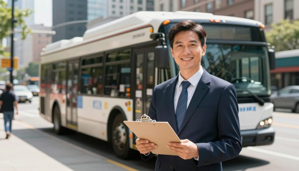 A city bus driver standing confidently in front of a city bus, dressed in smart, professional attire. In the foreground, show the driver with a slight smile, holding a clipboard to signify job responsibilities. In the middle ground, the bus is parked in an urban setting, showcasing busy streets, with pedestrians and city buildings in the background to emphasize a vibrant city life. The lighting is bright and cheerful, suggesting a positive work environment, with the sun casting soft shadows. The angle is slightly from below to give a sense of professionalism and importance to the bus driver. The overall mood is energetic and hopeful, reflecting the significance of public transport jobs in the community.