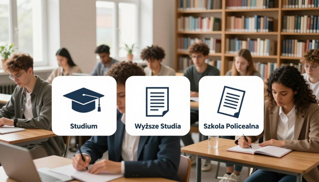 A clear, educational illustration contrasting "Studium" and "Wyższe Studia" alongside "Szkoła Policealna." In the foreground, depict a professional classroom setting with diverse students of varying ethnicities, dressed in smart casual attire, attentively engaging with materials. In the middle, show three distinct sections labeled: "Studium," "Wyższe Studia," and "Szkoła Policealna," each represented with unique icons—like a graduation cap for Wyższe Studia and a certificate for Studium. In the background, a serene library space with shelves of books, creating an atmosphere of learning and knowledge acquisition. Soft, natural lighting filters in through large windows, casting gentle shadows and enhancing a warm, focused mood. The angle should be slightly elevated, allowing for a comprehensive view of the classroom and its elements.