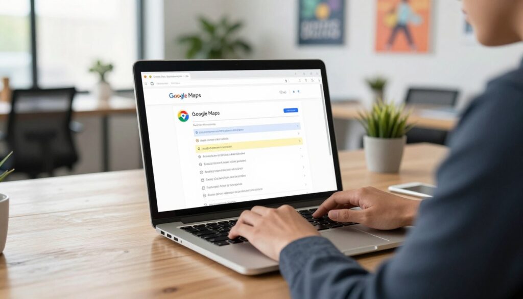 A clear, informative scene depicting a user on a laptop in a modern office setting, focused on removing a business profile from Google Maps. In the foreground, a medium-shot of a professional individual, dressed in smart casual attire, thoughtfully typing on the keyboard. The middle layer features a digital representation of the Google Maps interface on the laptop screen, showing an example of a business listing being highlighted for removal. The background reveals a bright and stylish office with plants and motivational posters, emphasizing a productive atmosphere. Soft, natural lighting from a nearby window adds warmth to the scene, enhancing the sense of clarity and purpose. The overall mood is serious yet hopeful, reflecting the process of taking control of online presence.