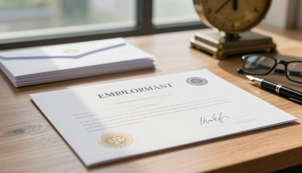 A close-up view of a formal employment certificate on a wooden desk, surrounded by a neatly arranged stack of white envelopes and a vintage brass postal scale. The certificate is elegantly designed, showcasing official signatures and embossed seals, reflecting a sense of professionalism and legal documentation. Soft, natural lighting illuminates the certificate, casting gentle shadows and highlighting the textures of the paper. In the background, a blurred office window reveals a sunny day, suggesting a calm, productive atmosphere. A pair of glasses and a fountain pen lie beside the certificate, emphasizing attention to detail and the process of sending important documents. The image conveys a sense of clarity and order, suitable for illustrating legal procedures related to postal mail of employment certificates.