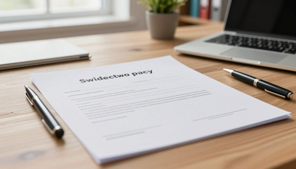 A close-up view of a professional-looking employment certificate, or "świadectwo pracy," displayed on a wooden desk with a neatly arranged office setting in the background. The document has a formal layout, featuring blank spaces for text and a subtle watermark. Surrounding the certificate are items like a sleek pen, a laptop, and a potted plant, contributing to a productive atmosphere. Natural light streams in from a nearby window, softly illuminating the scene and creating a warm, inviting mood. In the background, there are blurred elements of an office environment, such as shelves with books and files. The overall composition emphasizes the significance of the employment certificate in determining employee rights and qualifications.