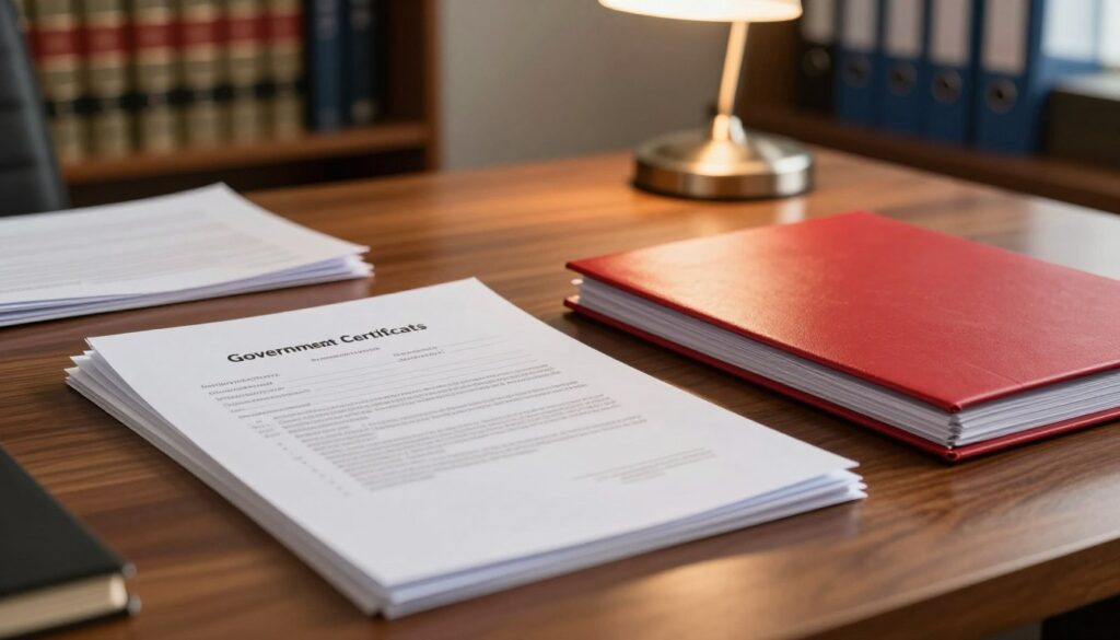 A cluttered office desk featuring various official documents, emphasizing "government certificates". In the foreground, a neatly stacked pile of official papers, focused on their content but abstract enough to avoid details, with a sleek, red folder next to it. In the middle ground, a polished wooden desk reflects the warm light from a desk lamp, casting soft shadows that enhance the seriousness of the scene. In the background, a blurred bookshelf filled with legal books and binders suggests a professional atmosphere. The lighting should be warm and inviting, creating a mood of seriousness and diligence, while maintaining a focus on clarity and professionalism. Shot from a slight overhead angle to capture the full arrangement and elements of the scene.