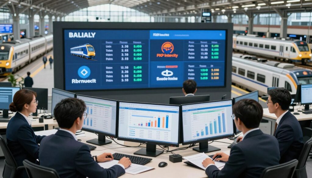 A comparison of salaries in various transportation companies, set in a modern office environment. In the foreground, a diverse group of professionals in business attire is analyzing charts and graphs on a sleek computer screen, visually representing data on salaries. The middle ground features a large digital display with dynamic visuals depicting salary comparisons of train engineers at PKP Intercity and other companies. The background shows a panoramic view of a busy train station with trains in motion, symbolizing the transport industry. The lighting is bright and inviting, showcasing a professional yet collaborative atmosphere. Use a high-angle perspective to capture the entire scene effectively, ensuring the focus remains on the interaction and the digital displays without any text or distractions.