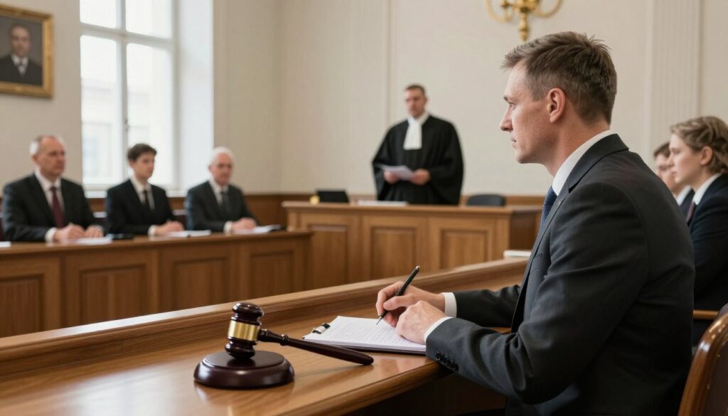 A courtroom scene depicting the role of a lay judge (ławnik) in Poland, featuring a middle-aged man in a well-fitted suit, sitting at a wooden bench, actively listening and taking notes. In the foreground, a gavel rests on the table, symbolizing justice. The middle ground shows a diverse group of individuals, including lawyers in professional attire, with legal documents and a judge in judicial robes presiding over the proceedings. The background reveals a detailed courtroom with ornate architecture, large windows allowing natural light to flood in, casting soft shadows. The mood is serious yet collaborative, emphasizing the challenges and benefits of participating in such a civic duty. The image is well-lit, capturing the essence of professionalism and responsibility in a judicial setting.