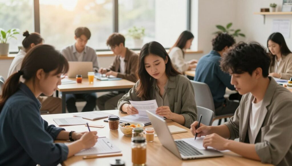 A cozy and engaging study environment showcasing diverse practical life skills. In the foreground, a diverse group of young adults in professional attire are actively participating in a hands-on workshop, focused on tasks like financial planning, cooking, and time management. The middle ground features tables filled with educational materials, laptops, and cooking utensils. A large window in the background lets in warm, natural light, illuminating the room and creating a bright, inviting atmosphere. The overall mood is collaborative and empowering, emphasizing teamwork and personal development. The scene should have a slightly blurred background, drawing attention to the participants, captured with a slight depth of field effect to enhance the feeling of focus and engagement.