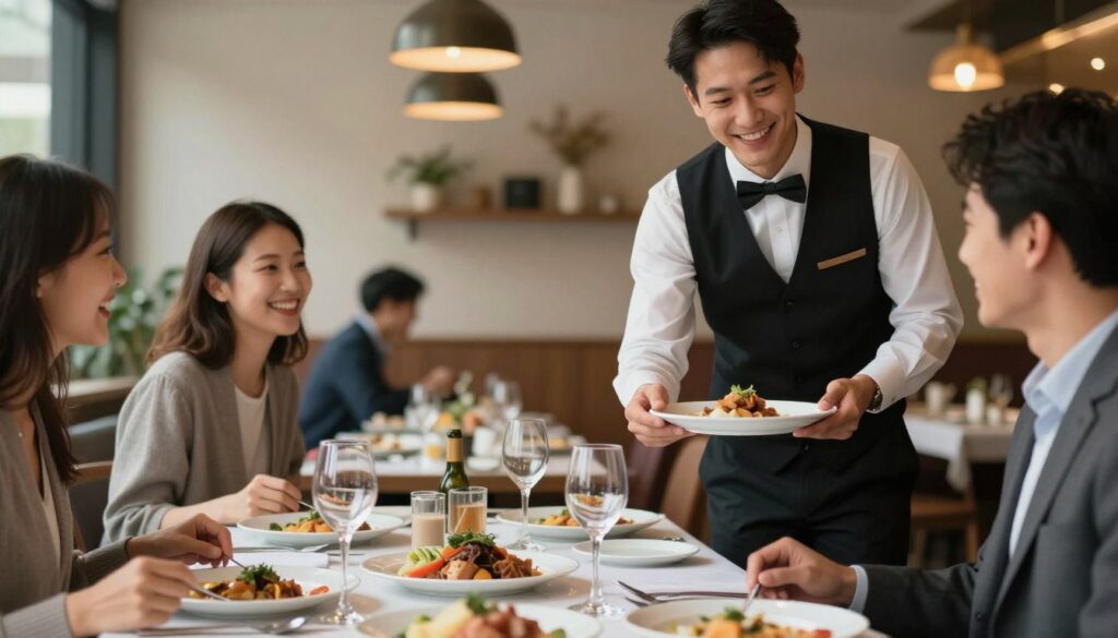 A cozy restaurant interior featuring a waiter in professional attire, serving plates to a table where patrons are laughing and enjoying their meals. In the foreground, a close-up view of delicate glassware and elegantly arranged plates, highlighting a generous tip left on the table. In the middle ground, the waiter is smiling as he interacts with the guests, conveying a sense of warmth and hospitality. The background showcases a softly lit dining area with tasteful decor and subtle colors, creating an inviting atmosphere. Use warm, natural lighting to enhance the feeling of camaraderie and the convivial ambiance of a bustling restaurant. Focus on capturing the essence of tips as a vital aspect of a waiter’s earnings, suggesting their importance in this setting.