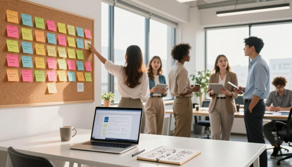 A creative workspace filled with colorful sticky notes and brainstorming materials, showcasing various acronyms and abbreviations pinned on a corkboard. In the foreground, a sleek white desk with an open laptop displaying a brainstorming application, alongside a coffee mug and a notepad filled with ideas. In the middle, diverse professionals in smart casual attire collaborate, pointing at the corkboard, embodying creativity and teamwork. The background features a bright and modern office with large windows letting in warm sunlight, creating a vibrant atmosphere. Soft shadows and natural lighting enhance the inviting and innovative mood of the scene, emphasizing the process of crafting memorable company names using acronyms.