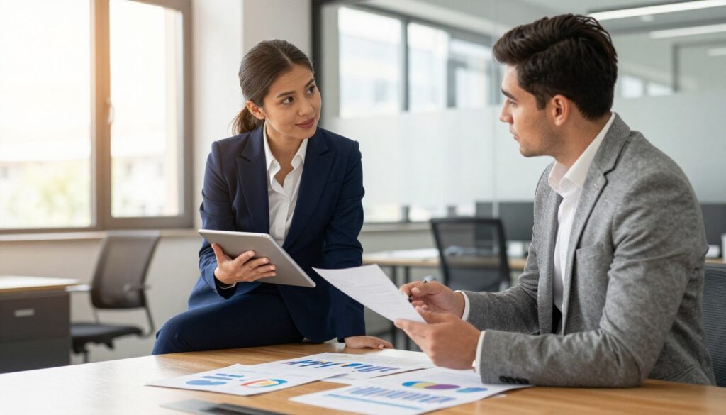A detailed comparison of managerial responsibilities, illustrated by two diverse professionals in an office setting. In the foreground, a confident female manager in a tailored navy blue suit, holding a tablet, and a male manager in a gray blazer, studying a document. Both are engaged in a discussion, showcasing teamwork. In the middle, an elegant wooden conference table with charts and graphs spread out. The background features a modern office with large windows, allowing warm natural light to flood the space, creating a professional and inviting atmosphere. The scene captures a sense of collaboration, with vibrant colors indicating a dynamic work environment. The angle is slightly elevated, giving a clear view of the interaction and the organized chaos of the workspace. No text, watermarks, or distractions present. A detailed comparison of managerial responsibilities, illustrated by two diverse professionals in an office setting. In the foreground, a confident female manager in a tailored navy blue suit, holding a tablet, and a male manager in a gray blazer, studying a document. Both are engaged in a discussion, showcasing teamwork. In the middle, an elegant wooden conference table with charts and graphs spread out. The background features a modern office with large windows, allowing warm natural light to flood the space, creating a professional and inviting atmosphere. The scene captures a sense of collaboration, with vibrant colors indicating a dynamic work environment. The angle is slightly elevated, giving a clear view of the interaction and the organized chaos of the workspace. No text, watermarks, or distractions present.