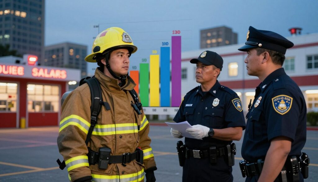 A detailed comparison scene illustrating the salaries of firefighters alongside other uniformed services. In the foreground, a firefighter in standard gear stands confidently next to a police officer and a paramedic, all in professional attire, discussing salaries. The middle ground shows a visually striking bar chart comparing their earnings, with different colors representing various services. The background features a cityscape at dusk, highlighting a fire station, police station, and hospital, subtly illuminated by soft lighting. The ambiance is informative yet collaborative, with warm tones creating a sense of professionalism and teamwork. The angle captures the trio in conversation, emphasizing unity among the services while focusing on their financial discussion.