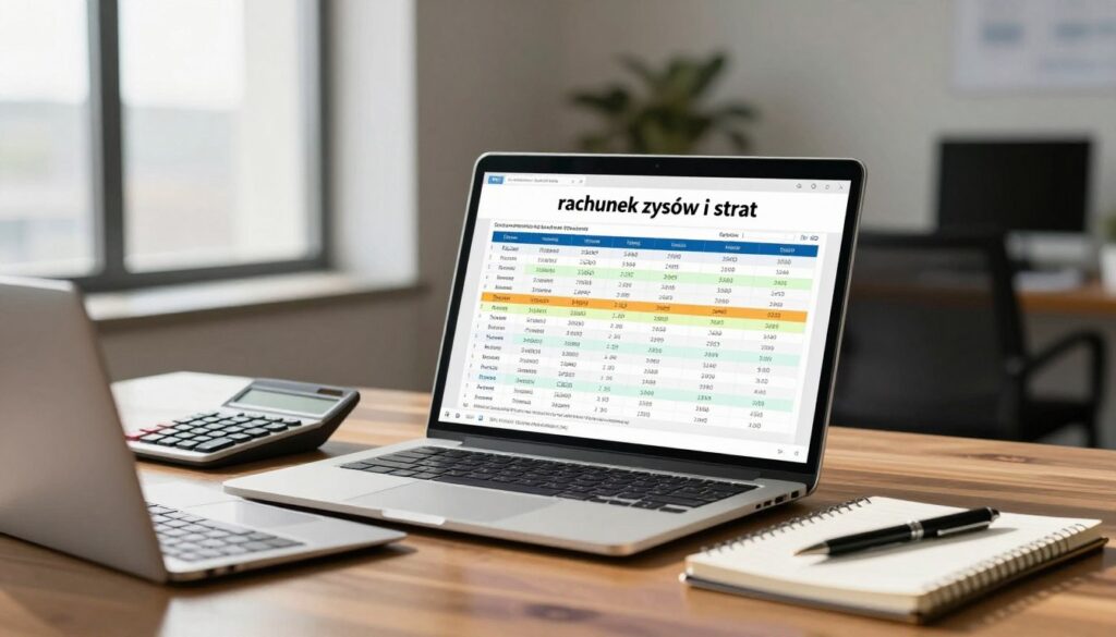 A detailed financial statement featuring a "rachunek zysków i strat" (profit and loss statement) prominently displayed on a sleek, polished wooden desk. The foreground includes a professional open laptop showing a spreadsheet, a calculator, and a stylish notepad with a pen. In the middle, the profit and loss statement is clearly formatted, highlighting income, expenses, and net profit in an organized, colorful layout. The background contains a modern office environment with soft, diffused natural light streaming through a large window, casting gentle shadows. The atmosphere is focused and professional, emphasizing financial analysis and clarity. The scene captures the essence of understanding financial metrics, with no text, watermarks, or distractions present. A detailed financial statement featuring a "rachunek zysków i strat" (profit and loss statement) prominently displayed on a sleek, polished wooden desk. The foreground includes a professional open laptop showing a spreadsheet, a calculator, and a stylish notepad with a pen. In the middle, the profit and loss statement is clearly formatted, highlighting income, expenses, and net profit in an organized, colorful layout. The background contains a modern office environment with soft, diffused natural light streaming through a large window, casting gentle shadows. The atmosphere is focused and professional, emphasizing financial analysis and clarity. The scene captures the essence of understanding financial metrics, with no text, watermarks, or distractions present.