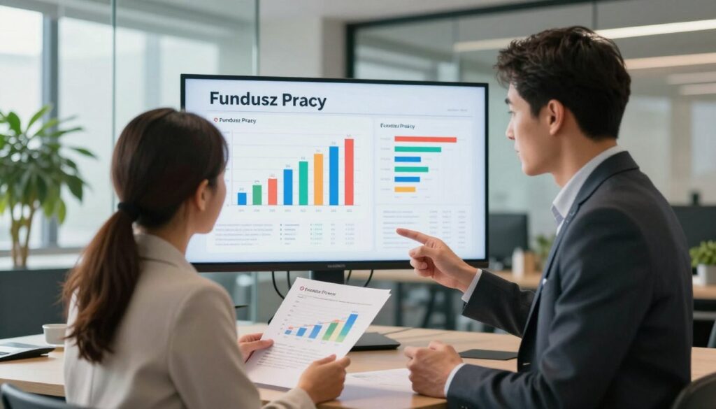 A detailed illustration of "Fundusz Pracy," showcasing two professionals in a modern office environment discussing financial documents. In the foreground, a male and female professional, both in business attire, are engaged in conversation, with one pointing at a chart illustrating the fund's contribution percentages. In the middle ground, a large digital screen displays graphs and statistics related to Fundusz Pracy contributions, with vibrant colors to emphasize the data. The background features glass walls and potted plants, creating a contemporary and inviting office atmosphere. Soft, natural lighting filters in from large windows, casting gentle shadows and enhancing the collaborative mood of the scene, while the camera angle is slightly elevated to capture both the individuals and the information displayed.
