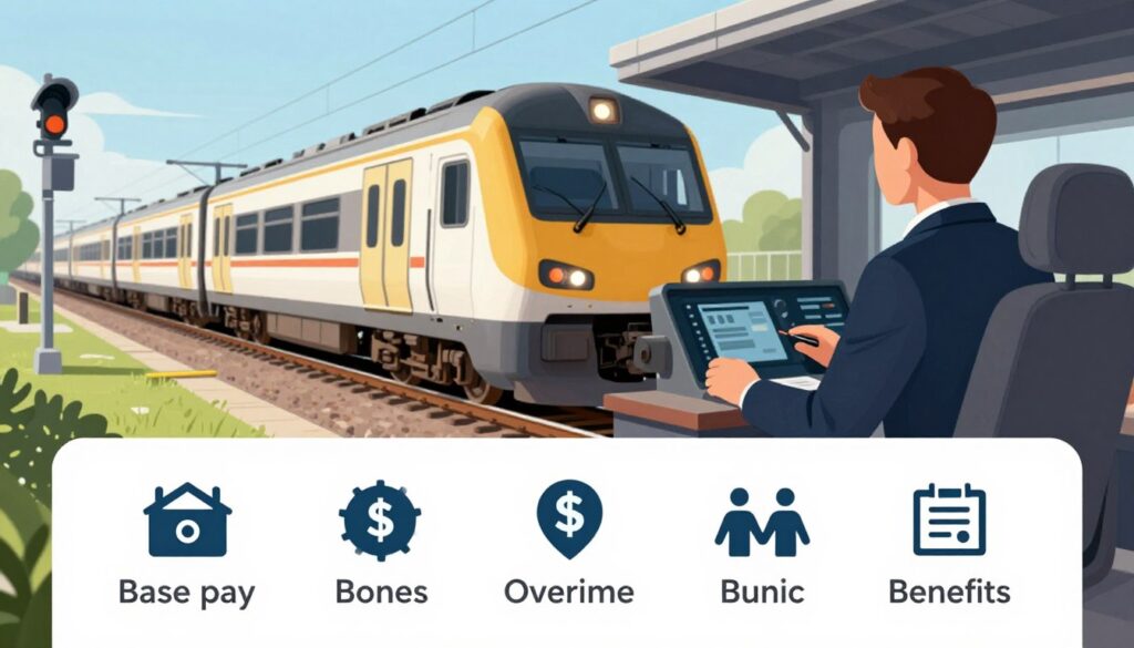 A detailed illustration of the components of a train driver's salary, featuring a visually engaging infographic style. In the foreground, include icons or symbols representing salary elements like base pay, bonuses, overtime, and benefits, each clearly labeled. The middle layer should showcase a train in motion, symbolizing the profession, with a train driver, depicted in professional attire, observing the train controls. In the background, a stylized railway scene with tracks, signaling systems, and a distant station will add context. Use bright, natural lighting to evoke a professional yet approachable atmosphere. The angle should be slightly elevated, providing a comprehensive view of the elements while maintaining clarity and focus on the subject matter.