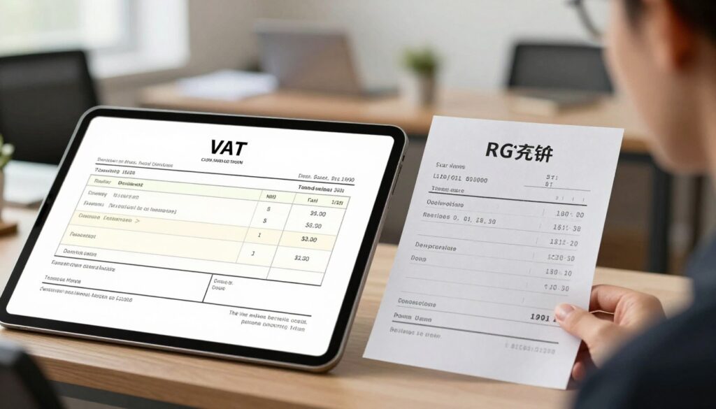 A detailed image showcasing the differences between a VAT invoice and a receipt from an individual. In the foreground, place a split-screen view with one side displaying a traditional VAT invoice with standard fields such as company name, address, items sold, and tax amount, illustrated with a formal design. The other side should feature a simple, handwritten receipt from an individual showing basic details like the date, item description, and total amount. The middle ground can include a blurred office environment with a business desk, highlighting professionalism. The lighting is soft and warm, creating an inviting atmosphere. Ensure there are no human figures to maintain focus on the documents. The angle should be slightly elevated to capture both documents clearly, emphasizing their differences.