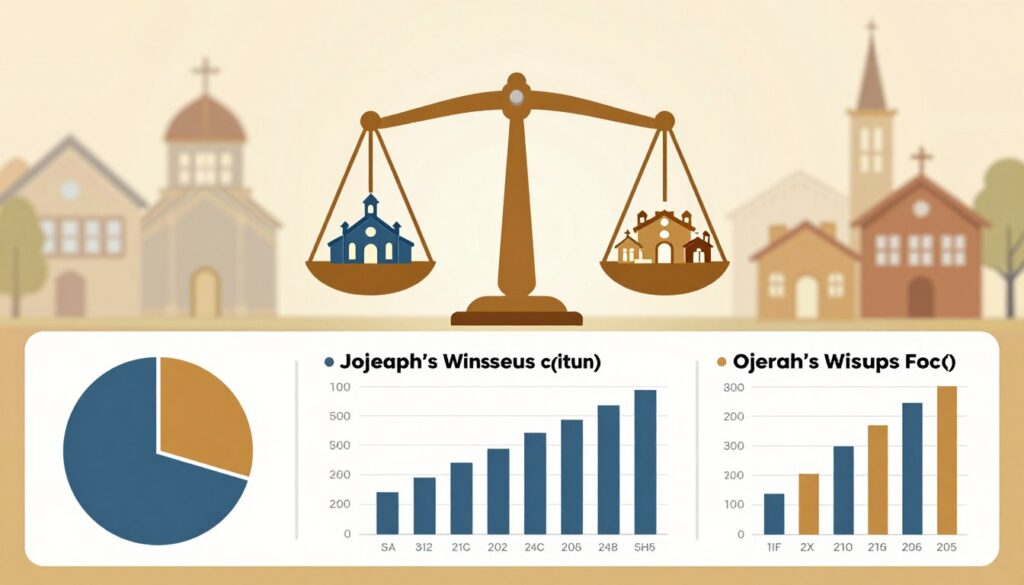 A detailed infographic comparing the financial models of Jehovah's Witnesses with other religious groups. In the foreground, neatly labeled pie charts and bar graphs illustrate the income sources and expenditures. In the middle, a scale or balance symbolizes the comparison, with icons representing various religious groups, such as churches and community centers. The background features soft, blurred outlines of religious structures to provide context without drawing focus away from the data. The lighting is bright and clear, emphasizing professionalism, and a warm color palette creates an inviting atmosphere. The overall mood is informative and analytical, designed to engage readers visually while maintaining clarity in presenting financial concepts.
