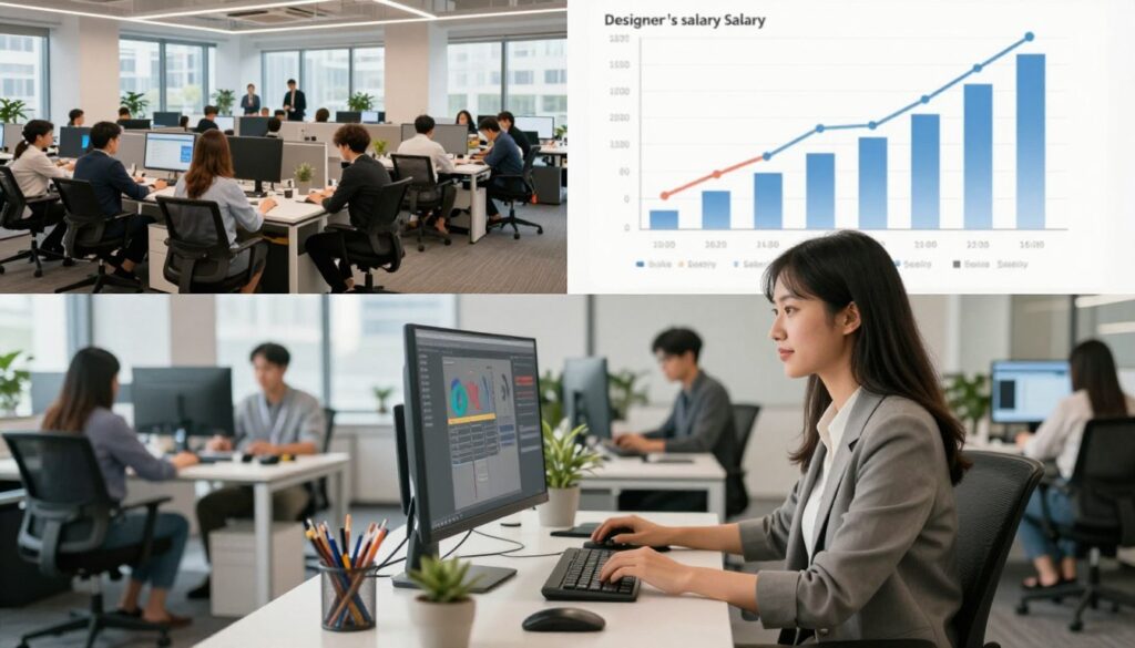 A detailed visual representation showcasing the impact of company size on a designer's salary. In the foreground, a confident graphic designer sits at a sleek desk, engaged in digital work on a large monitor, dressed in smart casual attire. The middle layer features two distinct office environments: a vibrant, bustling corporate office with numerous coworkers symbolizing a large company, and a cozy, modern workspace representing a smaller firm, both in a bright and professional atmosphere. The background displays contrasting graphs illustrating salary differences, with soft lighting creating a motivating mood. The image should capture the essence of professional growth and opportunity in varying company sizes, with a clear focus on the designer's role. A detailed visual representation showcasing the impact of company size on a designer's salary. In the foreground, a confident graphic designer sits at a sleek desk, engaged in digital work on a large monitor, dressed in smart casual attire. The middle layer features two distinct office environments: a vibrant, bustling corporate office with numerous coworkers symbolizing a large company, and a cozy, modern workspace representing a smaller firm, both in a bright and professional atmosphere. The background displays contrasting graphs illustrating salary differences, with soft lighting creating a motivating mood. The image should capture the essence of professional growth and opportunity in varying company sizes, with a clear focus on the designer's role.
