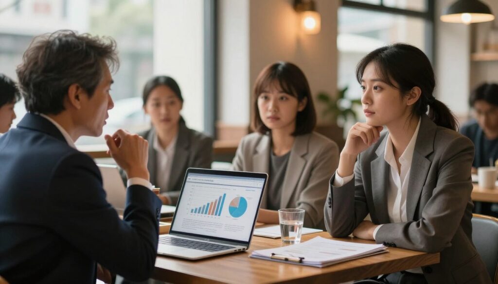 A diverse group of professional individuals, representing Jehovah's Witnesses, engaged in a discussion about income and lifestyle in a cozy coffee shop setting. In the foreground, a middle-aged man in a business suit gestures thoughtfully, while a woman in modest casual clothing listens attentively with a thoughtful expression. In the middle, a laptop open on the table shows graphs and charts indicating income variations. The background features large windows with natural light streaming in, illuminating the warm, inviting atmosphere of the café. The overall mood is contemplative and professional, emphasizing the influence of living environment on income levels. Capture this scene with soft focus and a slight depth of field, giving prominence to the individuals engaged in conversation.