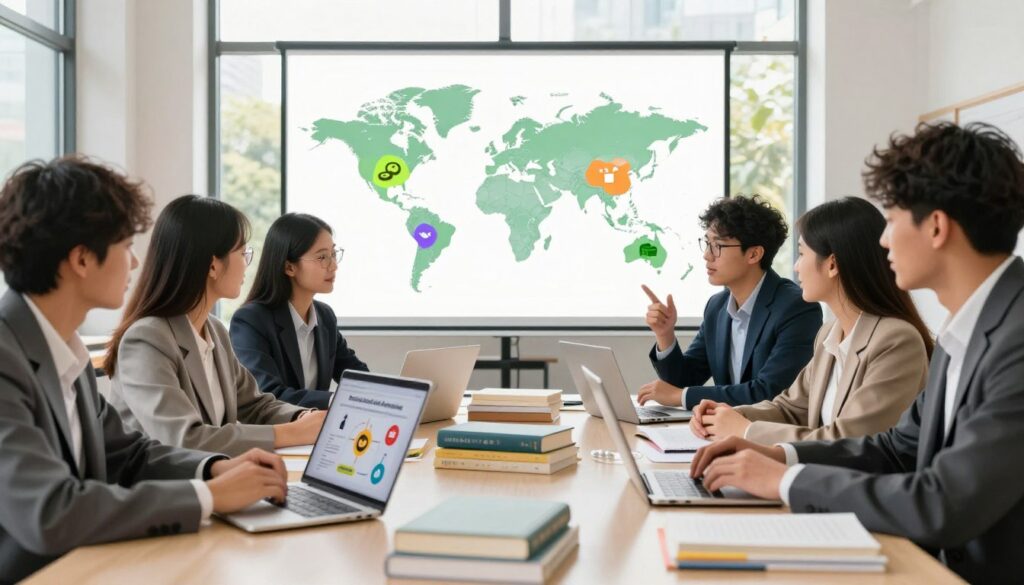 A diverse group of young adults in professional attire, gathered around a table overflowing with textbooks and laptops, discussing various career paths after biology and chemistry studies. In the foreground, an open laptop displays an infographic on alternative educational pathways. In the middle, a world map highlights different fields such as environmental science, biochemistry, nutrition, and pharmaceuticals, each with vibrant icons. The background shows a large window with natural light streaming in, casting warm shadows. The atmosphere is collaborative and inspiring, as they engage in a lively discussion, underscoring the excitement of exploring new opportunities and educational avenues. The scene captures a modern educational environment, promoting ambition and collaboration.
