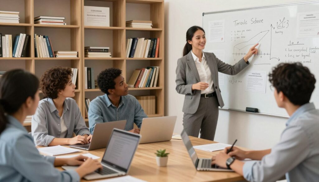 A dynamic and professional classroom setting, showcasing a diverse group of students engaged in an active learning environment. In the foreground, a female instructor in business attire stands at a whiteboard, enthusiastically pointing out various skills and qualifications, such as graphs and certificates drawn on the board. In the middle ground, students of varied ethnicities and genders discuss in small groups, some taking notes on laptops while others engage in brainstorming on paper. The background features shelves filled with books on professional development and skill-building. Soft, warm lighting enhances the collaborative and motivating atmosphere, with a lens focus that draws attention to both the instructor and the engaged students. The scene conveys a sense of growth, opportunity, and the pursuit of knowledge.