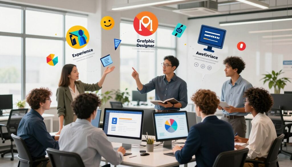 A dynamic and visually engaging illustration representing the factors influencing graphic designer salaries in the creative industry. In the foreground, a diverse group of graphic designers, dressed in professional business attire, gather around a modern workspace, discussing their skills. Each designer showcases different abilities, such as digital illustration, web design, and branding, symbolized by colorful icons and tools that float around them. In the middle ground, a sleek infographic displays various factors like experience, portfolio quality, and software proficiency, artistically integrated into the environment. The background features a bright, open office with large windows, soft natural lighting, and greenery to create an inviting atmosphere. The composition exudes a sense of collaboration and creativity, highlighting the professional setting. A dynamic and visually engaging illustration representing the factors influencing graphic designer salaries in the creative industry. In the foreground, a diverse group of graphic designers, dressed in professional business attire, gather around a modern workspace, discussing their skills. Each designer showcases different abilities, such as digital illustration, web design, and branding, symbolized by colorful icons and tools that float around them. In the middle ground, a sleek infographic displays various factors like experience, portfolio quality, and software proficiency, artistically integrated into the environment. The background features a bright, open office with large windows, soft natural lighting, and greenery to create an inviting atmosphere. The composition exudes a sense of collaboration and creativity, highlighting the professional setting.