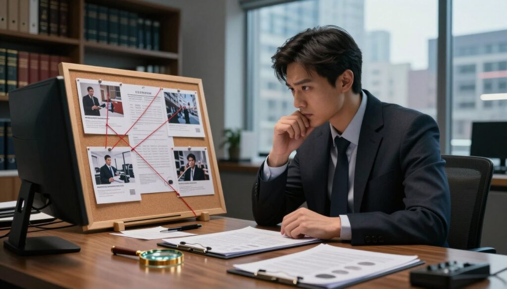 A focused detective in a modern office environment, wearing professional attire, contemplates evidence laid out on a polished wooden desk. The foreground showcases a magnifying glass and an open case file with fingerprint samples. In the middle, the detective stares intently at a corkboard filled with photographs and notes connected by red string, highlighting the complexity of an investigation. The background features shelves filled with case books and a large window revealing a bustling cityscape, creating a contrast between the detective's focused thoughts and the outside world's chaotic energy. Soft, ambient lighting casts subtle shadows, enhancing the serious mood of the scene, while a slight lens blur on the edges directs attention to the detective's concentrated expression.