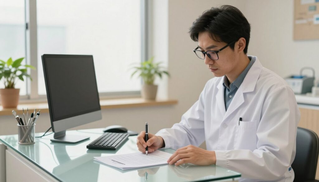 A focused scene in a modern dental office illustrating a dentist reviewing a detailed employment contract. In the foreground, a dentist in a crisp white coat and glasses, pen in hand, carefully studies the contract on a sleek, glass desk. The middle layer features a computer and dental tools neatly arranged, along with potted plants that add a touch of warmth. In the background, large windows let in soft, natural light, creating a calm atmosphere. The color palette is warm and inviting, emphasizing professionalism and stability. Capture a sense of determination and thoughtful consideration in the dentist's expression, reflecting the significance of financial agreements in their career.