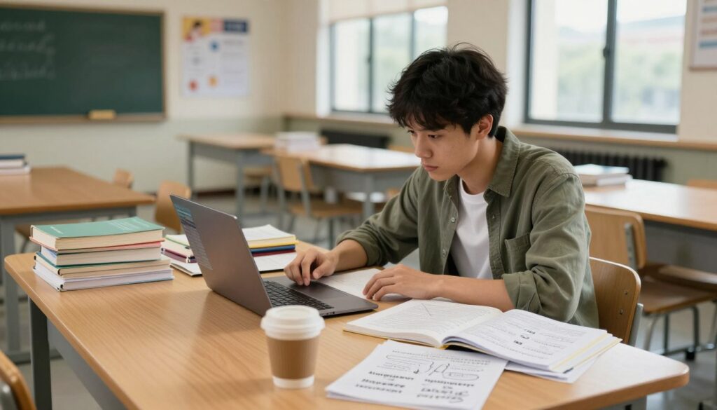 A focused university student sitting at a large wooden desk covered with textbooks and notes, deeply engaged in studying. The foreground features a coffee cup and a laptop displaying a digital planner. In the middle, scattered papers highlight study schedules, academic resources, and brainstorming ideas for efficient learning. In the background, a university classroom is visible with chalkboards and educational posters, softly lit with natural morning light streaming through large windows. The atmosphere is calm and productive, emphasizing determination and effective study habits. The student is dressed in modest casual attire, showcasing a serious and dedicated demeanor. The angle is slightly elevated, providing a clear view of the desk and the student surrounded by a learning environment.