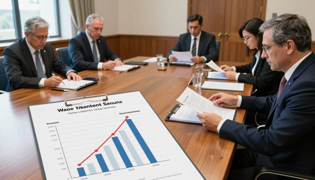 A formal meeting room in a government building, featuring a grand wooden table surrounded by attentive politicians in professional business attire, engaged in a discussion about salary adjustments for parliamentarians. In the foreground, focus on a detailed chart displaying proposed salary figures and adjustments, symbolizing the mechanisms of wage valorization. The middle ground should showcase the politicians, diverse in gender and ethnicity, analyzing documents and pointing at the chart, emphasizing collaboration and debate. The background reveals large windows with natural light pouring in, illuminating the scene, creating a serious yet constructive atmosphere. The overall mood is one of professionalism and diligence, capturing the essence of parliamentary work on financial matters.