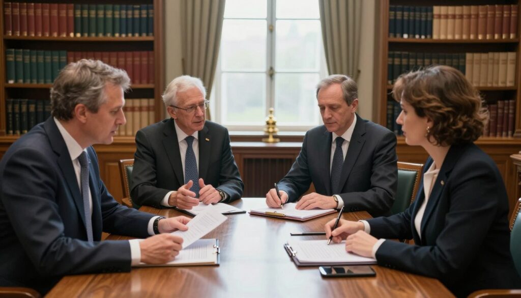 A formal office setting showing a group of four parliamentarians engaged in a discussion around a large wooden table. In the foreground, one male and one female parliamentarian are reviewing documents, dressed in professional business attire - a suit and a formal dress. The middle ground features two additional members, one gesturing as they explain something, and the other taking notes. The background includes shelves filled with books and parliamentary decor. Soft, natural lighting streams in from tall windows, creating a warm, inviting atmosphere. A focus on clarity and professionalism, with a shallow depth of field to emphasize the parliamentarians, making them the focal point of the image.