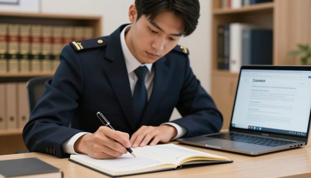 A formal scene depicting a person in professional business attire, sitting at a desk, diligently writing an application letter addressed to the border guard authority. The foreground includes an open notebook filled with handwritten notes, a pen, and a laptop displaying an official government website. In the middle ground, the individual, a young adult with an focused expression, is framed by slightly blurred office decor that suggests a serious work environment. The background features a softly lit room with a bookshelf filled with law and border security books. The overall atmosphere is one of determination and professionalism, with warm, inviting lighting that enhances the sense of aspiration and commitment to service.