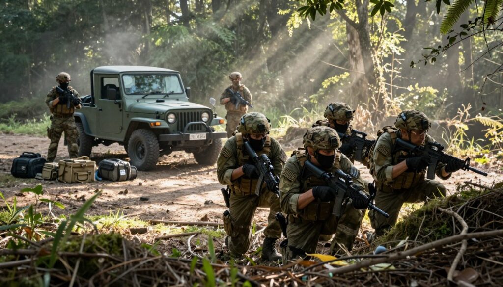 A group of soldiers in a special operations unit engaged in tactical training exercises in a rugged outdoor environment. In the foreground, a diverse team of four soldiers, dressed in tactical gear with military insignias, is crouched behind a natural cover, focused and alert. In the middle ground, a jeep is parked nearby, with equipment and gear laid out strategically, showcasing their preparedness. The background features a dense forest with soft morning light filtering through the trees, casting dappled shadows on the ground. The atmosphere is intense yet disciplined, capturing the essence of military service and specialized training. The image should convey a sense of camaraderie, professionalism, and determination, with an emphasis on teamwork and readiness. The angle should be slightly low, highlighting the soldiers’ actions and the foreboding yet serene wilderness that surrounds them.