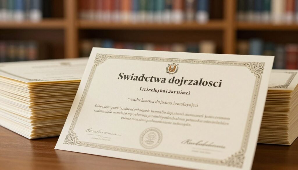 A high-resolution image of a "świadectwa dojrzałości" certificate, prominently displayed in the foreground, showcasing intricate borders and an official seal. The certificate is slightly angled to emphasize the embossed details, illuminated by soft, warm lighting to create an inviting atmosphere. In the middle ground, a neatly organized stack of similar certificates suggests a collection or preparation for academic applications. The background features a blurred academic setting, such as a university campus or library with shelves filled with books, symbolizing higher education. The overall mood is professional and encouraging, reflecting the aspirations of students preparing for university applications.