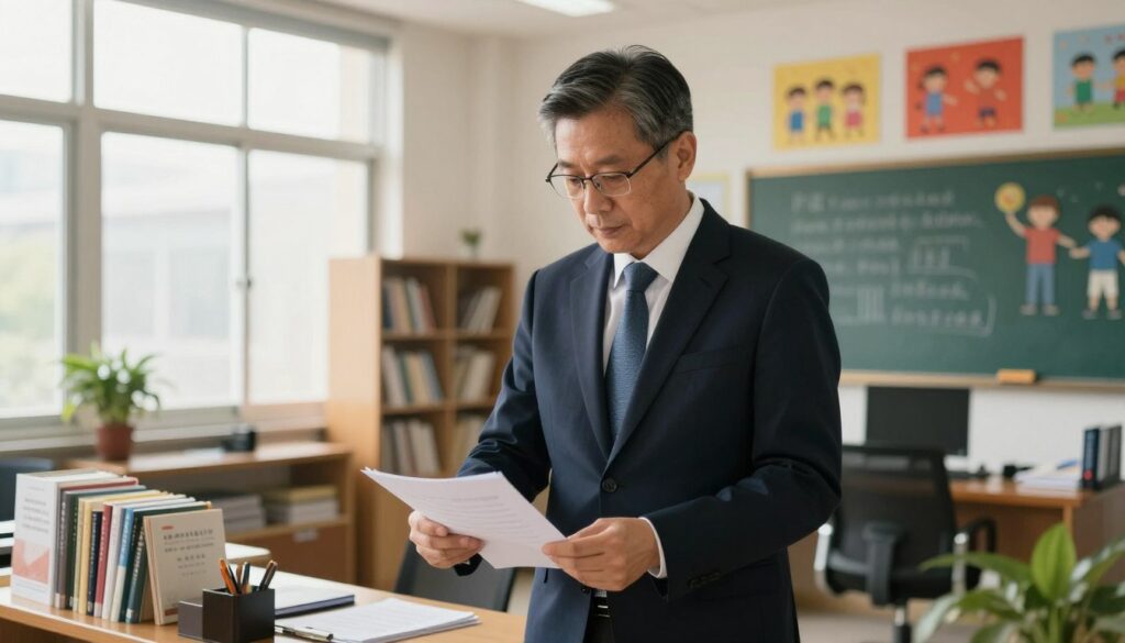A middle-aged male vice principal stands confidently in a well-organized school office, dressed in professional business attire. He has short, neatly styled hair and wears glasses, exuding authority and dedication. The office is adorned with educational materials, bookshelves filled with textbooks, and a large window letting in soft, natural light. In the background, a chalkboard and student artwork can be seen, symbolizing an active learning environment. The lighting is warm and inviting, creating an atmosphere of professionalism and approachability. The camera angle is slightly low, capturing the vice principal in a posture of engagement, as he analyzes a document. The overall mood reflects the importance of educational leadership and regional diversity in school administration.