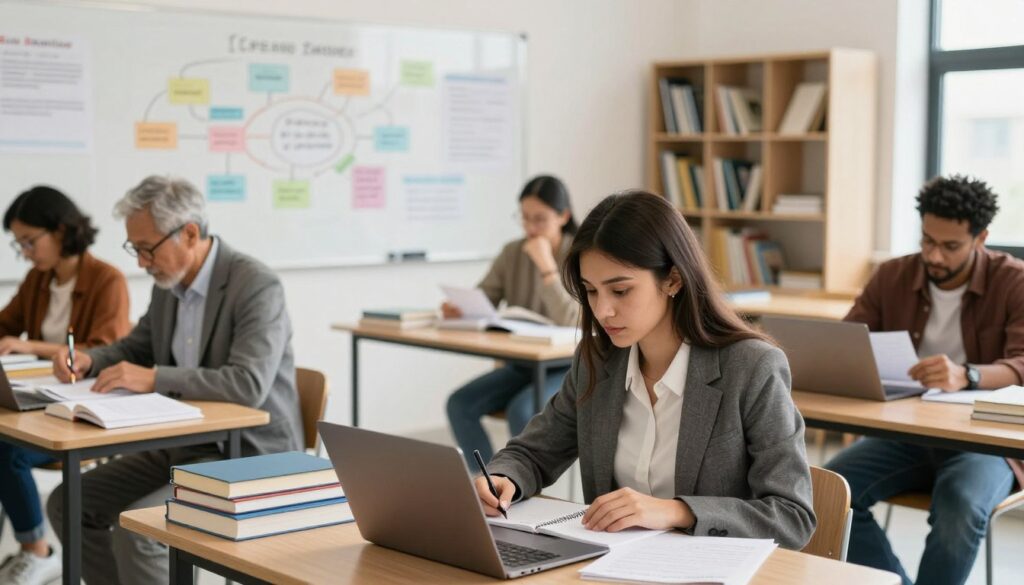 A modern classroom setting featuring diverse adult learners engaged in a study session. In the foreground, a focused young woman in professional attire takes notes on her laptop, while an older man with glasses reviews materials from a stack of books. The middle ground showcases a large whiteboard filled with colorful diagrams and key concepts. In the background, shelves lined with educational resources and a stylish, bright window letting in natural light create an inviting atmosphere. The overall mood is collaborative and inspiring, emphasizing the pursuit of knowledge and personal development. Capture the scene from a slightly elevated angle to enhance depth and engagement, with warm lighting that highlights the learners’ determination and enthusiasm.
