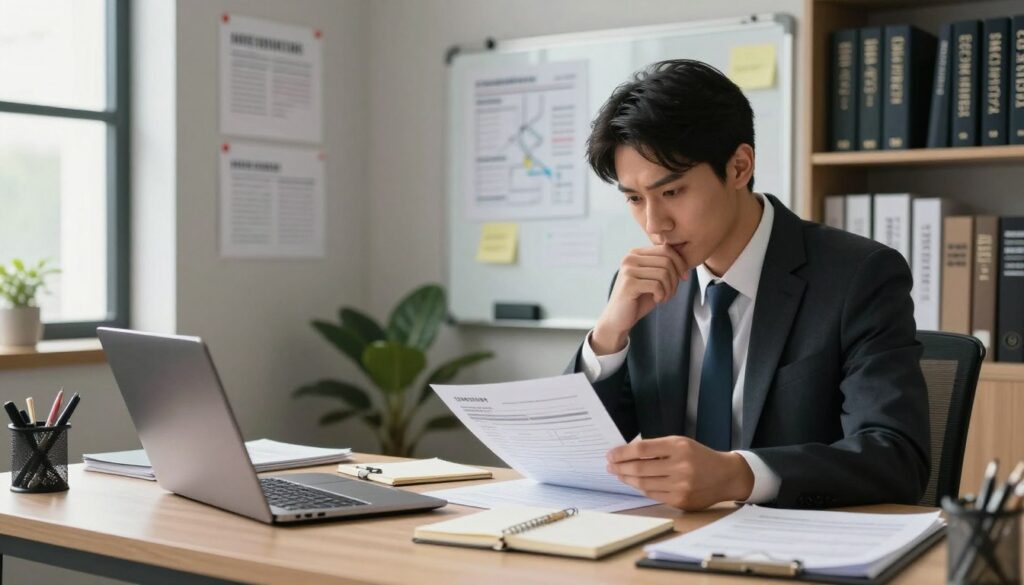 A modern detective office scene, focusing on the expenses of running a detective agency. In the foreground, a neatly organized desk with a laptop, notepad, and financial documents. A professional detective, dressed in smart business attire, thoughtfully analyzes the papers. In the middle, a wall adorned with pinned case notes and a whiteboard filled with diagrams and reminders, hinting at ongoing investigations. The background features shelves stocked with investigative tools and books about criminology. Soft, natural lighting pours in through a large window, creating a warm and focused atmosphere. This composition conveys the seriousness and financial considerations of the detective profession, emphasizing the theme of costs associated with running a detective agency.