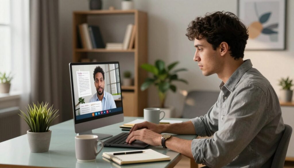 A modern home office setting featuring a professional in smart casual attire, focused on a laptop screen while working remotely. In the foreground, a sleek desk is adorned with office supplies, a notepad, and a coffee mug, indicating a productive environment. The middle layer showcases the individual engaged in a virtual meeting, with notes and a plant beside them to add a touch of warmth. In the background, a softly lit room with bookshelves and artwork creates an inviting atmosphere. Natural light filters through a window, casting gentle shadows. The mood is one of concentration and professionalism, reflecting the importance of remote work agreements and regulations.