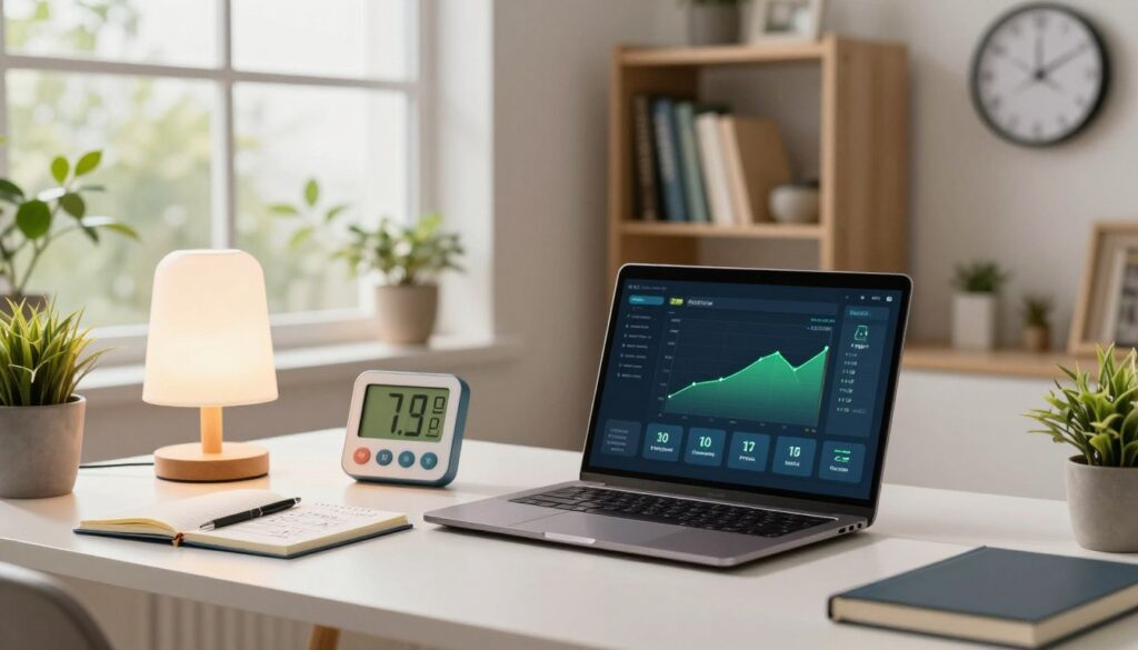 A modern home office setup illustrating remote work, with a focus on energy consumption. In the foreground, a sleek desk features a high-end laptop, a notepad with calculations, and an energy meter displaying usage statistics. In the middle, a window shows natural light flooding the room, illuminating a plant and an eco-friendly lamp. The background includes a well-organized bookshelf filled with energy-related literature and a wall clock emphasizing time management while working. Use soft, warm lighting to create an inviting atmosphere. The scene should evoke focus and professionalism, with hints of greenery to symbolize sustainability. The angle should be slightly above eye level, capturing both the desk and the background to provide depth. A modern home office setup illustrating remote work, with a focus on energy consumption. In the foreground, a sleek desk features a high-end laptop, a notepad with calculations, and an energy meter displaying usage statistics. In the middle, a window shows natural light flooding the room, illuminating a plant and an eco-friendly lamp. The background includes a well-organized bookshelf filled with energy-related literature and a wall clock emphasizing time management while working. Use soft, warm lighting to create an inviting atmosphere. The scene should evoke focus and professionalism, with hints of greenery to symbolize sustainability. The angle should be slightly above eye level, capturing both the desk and the background to provide depth.