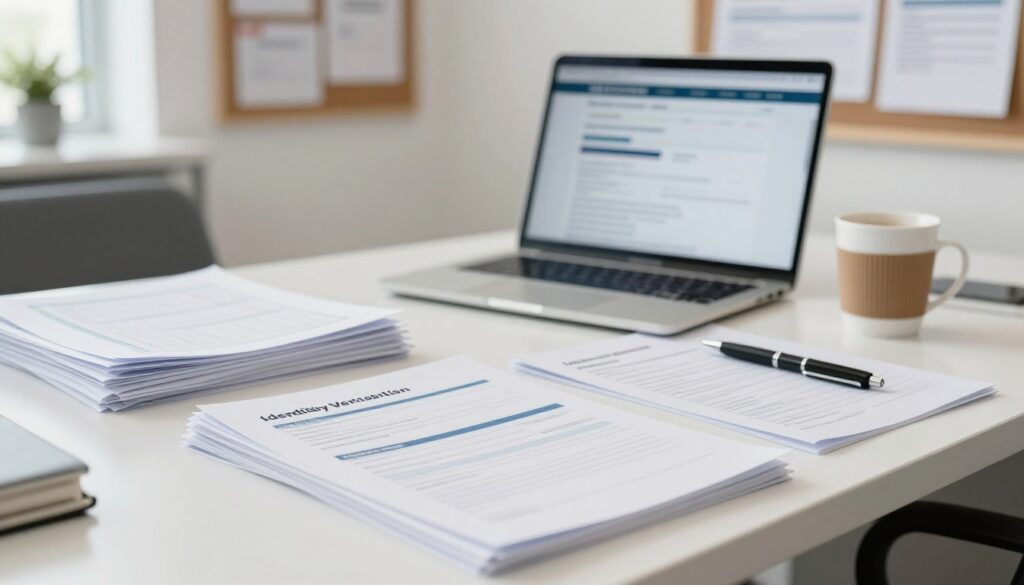 A modern office desk cluttered with essential registration documents for a job center, including forms, identification papers, and a pen. In the foreground, focus on a neatly stacked pile of papers with visible headers such as "Application Form" and "Identity Verification." In the middle, include a laptop with an open screen displaying a job application site, and a cup of coffee next to it for a casual yet professional atmosphere. The background should feature a soft-focus of an office environment with a bulletin board filled with job-related notices. The lighting is bright and inviting, creating a focused yet relaxed mood, suggesting a productive work session. The angle should be slightly above eye level for depth.