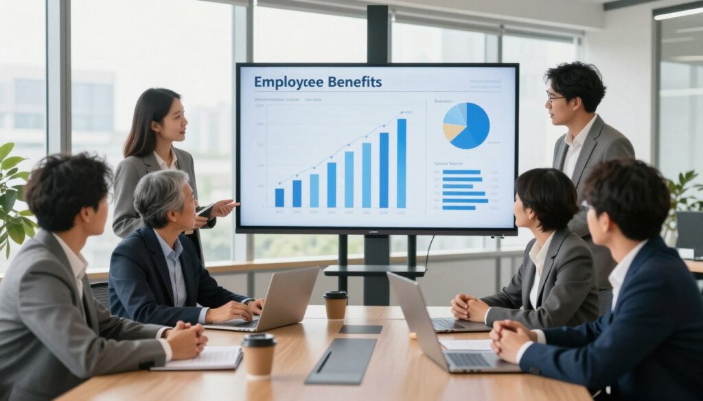 A modern office environment illustrating transparency in salaries and benefits. In the foreground, a diverse group of professional individuals in business attire is engaged in a lively discussion, highlighting collaboration and openness. The middle ground features a large digital screen displaying graphs and charts related to compensation and employee benefits, symbolizing data transparency. In the background, large windows let in natural light, creating a warm and inviting atmosphere. The scene is bright and well-lit, enhancing the feeling of trust and professionalism. The overall mood is positive and dynamic, reflecting the allure of clear salary structures and attractive benefits to draw in skilled workers.