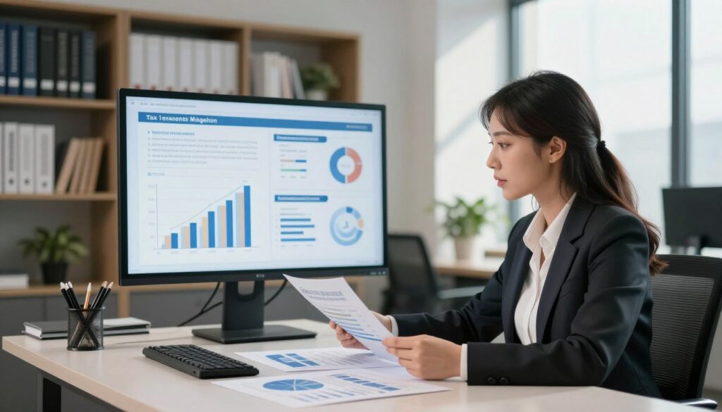 A modern office environment, rich with financial documents, charts, and graphs focused on tax management and financial education. In the foreground, a professional woman in business attire is reviewing financial material at a sleek desk, displaying an engaged expression. In the middle, an interactive digital display shows animated graphs illustrating tax strategies, emphasizing clarity and organization. In the background, bookshelves filled with financial literature create a scholarly yet inviting atmosphere. Soft, natural lighting streams in from large windows, casting gentle shadows, evoking a sense of focus and determination. The overall mood conveys empowerment through financial literacy, aiming for an informative yet inspiring visual representation.
