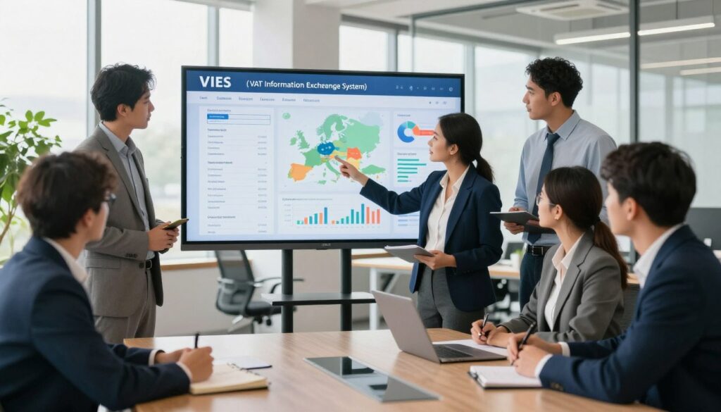 A modern office setting featuring a diverse group of professionals in business attire, engaged in a discussion around a large digital screen displaying the VIES (VAT Information Exchange System) interface. In the foreground, a focused female business analyst, pointing at the screen, surrounded by colleagues who are taking notes. The middle ground showcases the digital screen with clear, colorful graphics representing international business data, charts, and statistics. In the background, a bright, well-lit office space with large windows and greenery, creating an atmosphere of collaboration and innovation. Soft, natural lighting and a wide-angle view that captures the dynamic interaction, fostering a sense of professionalism and purpose.
