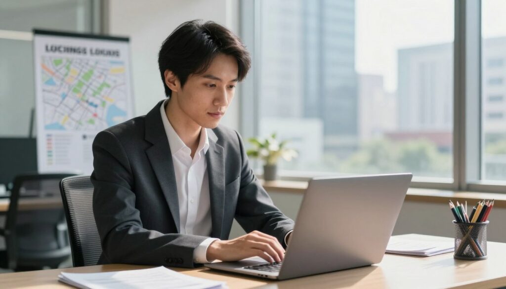 A modern office setting featuring a professional business person, dressed in smart business attire, intently working on a laptop. In the foreground, the person's focused expression captures the essence of changing a business location. The middle ground displays a printed map and nearby office supplies, emphasizing logistics and planning. In the background, a window reveals a bustling cityscape, symbolizing the new location, bathed in natural daylight that casts soft shadows. The atmosphere is one of concentration and optimism, highlighting the critical transition of altering a company’s address and maintaining online visibility. The scene is arranged to guide the viewer’s eye from the focused subject to the context around them, providing a clear visual narrative without any distractions or text.