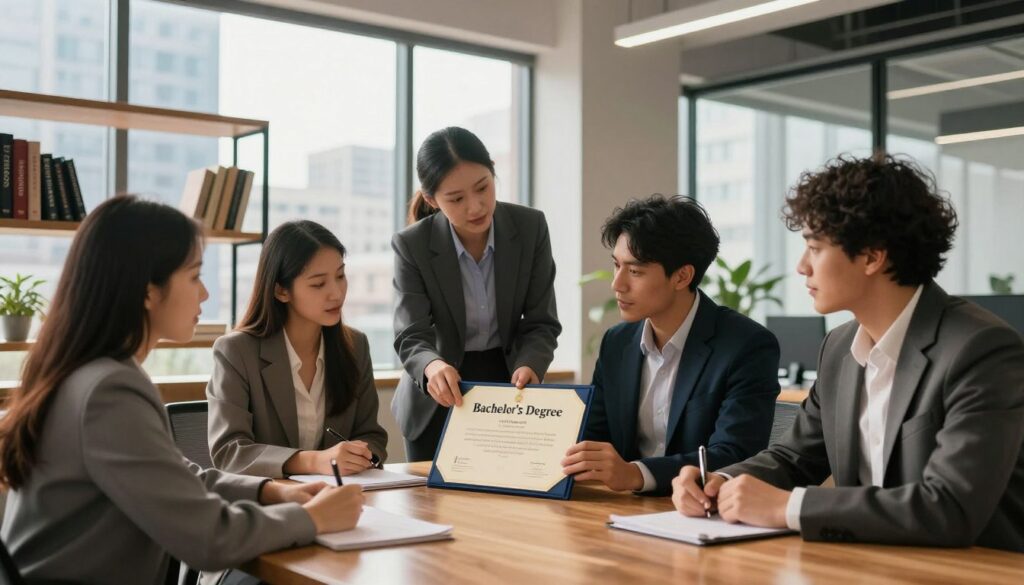 A modern, stylish office environment filled with natural light streaming through large windows. In the foreground, a diverse group of young professionals dressed in smart business attire are discussing and examining a diploma labeled "Bachelor's Degree" prominently displayed on a polished wooden table. The middle ground features shelves with books on education and career development, while the background showcases a bustling cityscape through the windows, symbolizing the contemporary job market. The lighting is warm and inviting, creating a motivated and inspiring atmosphere, as the individuals express enthusiasm and determination in their discussions, embodying the significance of higher education in the modern workforce.