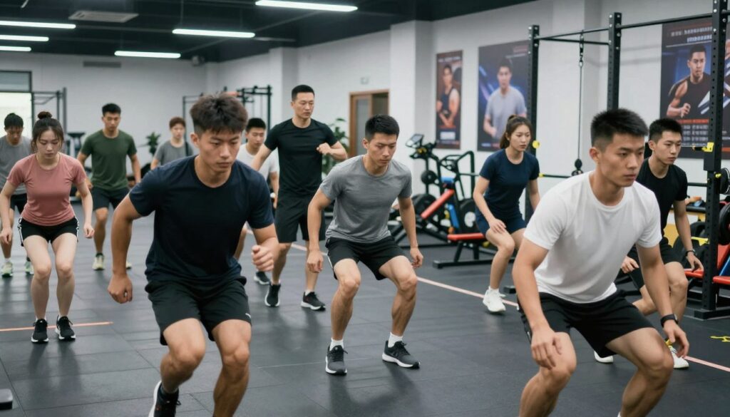 A physical fitness training session for border guard candidates in a modern training facility. In the foreground, a diverse group of candidates in professional athletic attire is engaged in various physical exercises, such as sprinting, agility drills, and strength training with weights. The middle ground features a trainer, instructing and motivating the candidates, while demonstrating proper techniques. The background shows gym equipment and motivational posters on the walls, enhancing the training atmosphere. The lighting is bright and dynamic, emphasizing energy and focus, with a slightly blurred depth of field to draw attention to the candidates' determined expressions. The mood is motivational and intense, conveying the importance of physical preparation for the role.