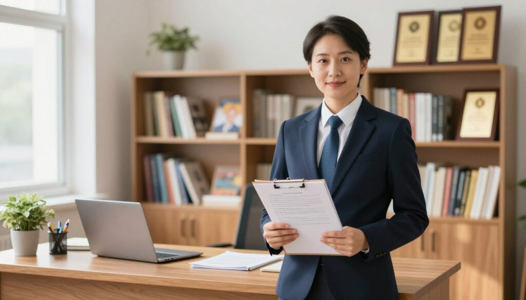 A primary school principal stands confidently in an office setting, dressed in a well-fitted suit with a tie, embodying professionalism and leadership. In the foreground, the principal holds a clipboard filled with documents, symbolizing their administrative role. In the middle ground, a sleek wooden desk with a laptop and educational resources indicates their dedication to improving education. The background features a bookshelf filled with educational books and awards, representing success and achievement in academia. Soft, natural lighting streams in from a nearby window, casting a warm glow and enhancing the welcoming atmosphere. The scene conveys a mood of authority and responsibility, depicting the key factors that influence a principal's salary and their impact on the school environment.